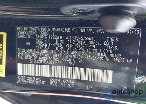 2010 Toyota Highlander Limited V6 z USA, uszkodzony, nr VIN 5TDDK3EH5AS011487